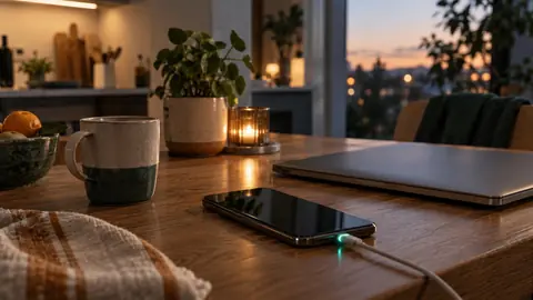 Smartphone en charge sur une table le soir pendant une sauvegarde automatique