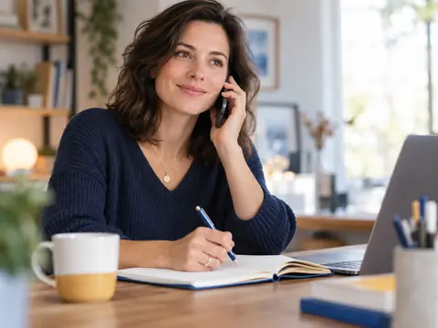 Personne au téléphone avec un carnet ouvert devant elle