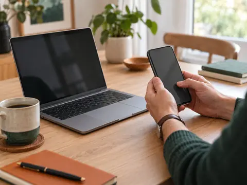 Un iPhone et un ordinateur portable posés sur un bureau familial
