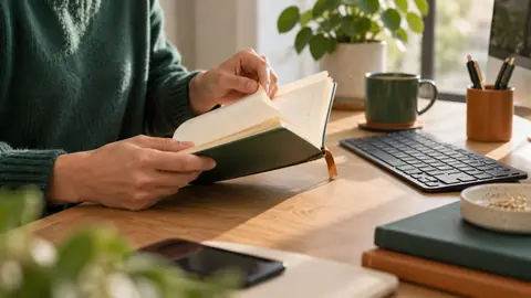 Mains feuilletant un carnet près d'un clavier