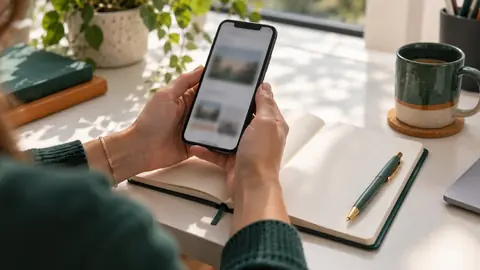 Personne lisant un message sur son téléphone près d'un carnet