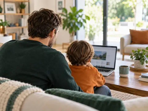 Adulte et enfant de dos devant un même écran