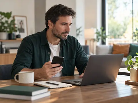 Un parent consulte l'application de contrôle parental sur son téléphone devant un ordinateur portable
