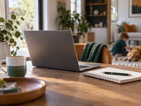 Ordinateur portable sur un bureau de maison, à côté d'un carnet