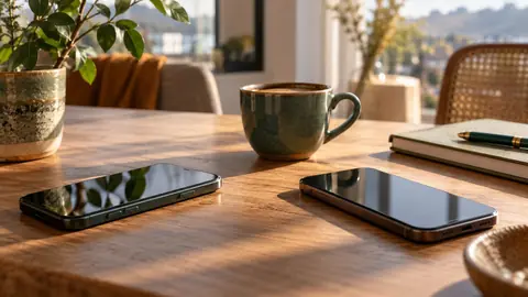 Deux téléphones posés face à face, écrans éteints