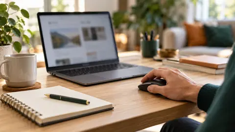 Main d'une personne survolant un lien sur un ordinateur portable dans un bureau familial