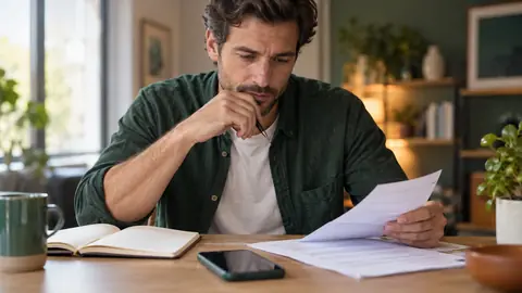 Personne notant les opérations de son relevé bancaire avant d'appeler sa banque