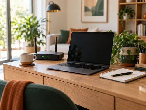 Routeur Wi-Fi et ordinateur portable posés sur un meuble dans un intérieur familial