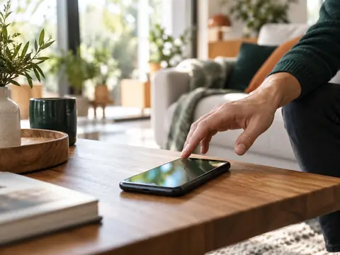 Smartphone affichant une notification illisible sur une table de salon