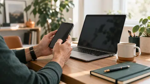 Personne comparant une offre sur son téléphone devant son ordinateur