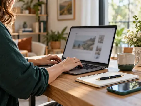 Ordinateur portable et téléphone posés sur un bureau familial, écran illisible
