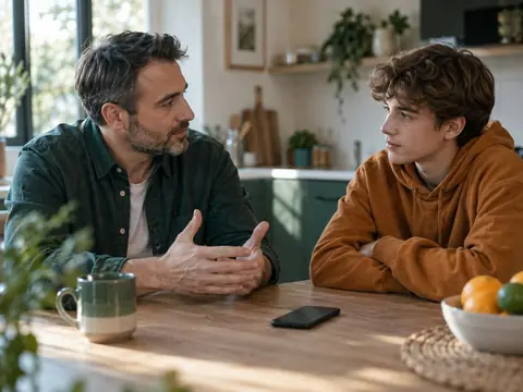 Parent et adolescent discutant à une table de cuisine avec un téléphone posé