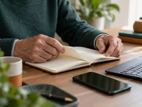 Mains feuilletant un carnet près d'un clavier