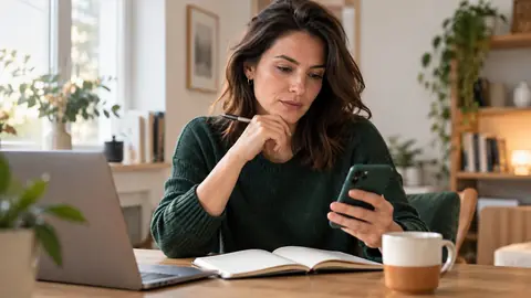 Personne au téléphone avec un carnet ouvert devant elle