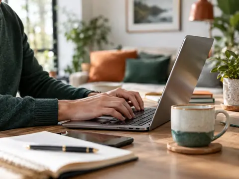 Un adulte utilise un ordinateur portable sur un bureau familial