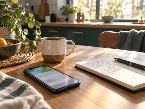 Smartphone posé sur une table, écran allumé non lisible