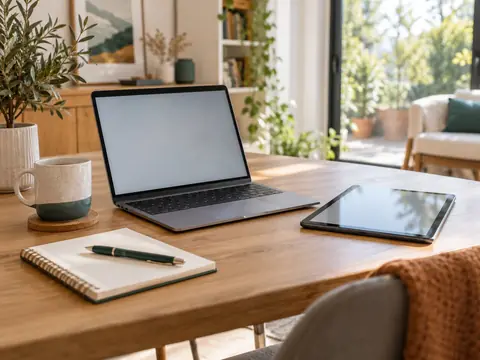 Bureau familial avec un ordinateur portable et une tablette aux écrans neutres