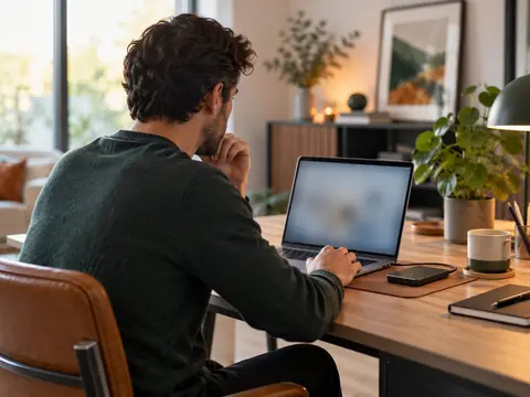 Personne attentive devant son ordinateur avec un disque externe à côté