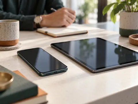 Smartphone et tablette posés sur une table claire, écrans illisibles