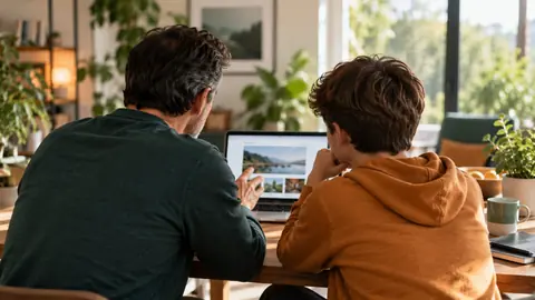 Parent et adolescent devant un même écran, vus de dos