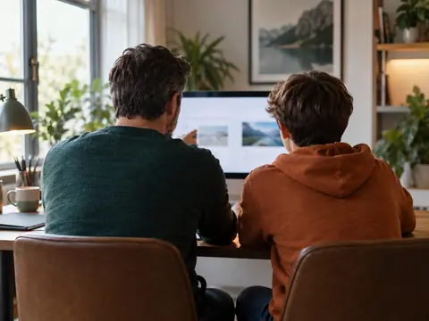Un parent et un adolescent devant le même écran d'ordinateur, vus de dos