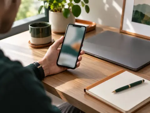Main tenant un smartphone devant un bureau
