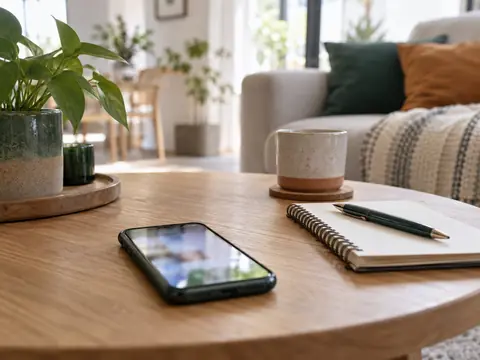Smartphone posé sur une table, écran allumé mais illisible